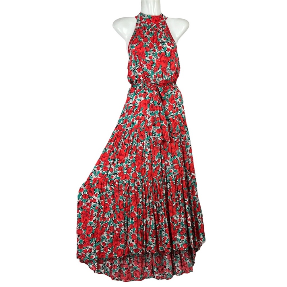 Ebby & I Midi Dress Floral Red Poppy Halter Neck Tie Waist Boho Size S 8 - Picture 5 of 16